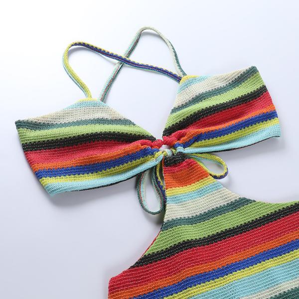 European and American sexy colorful striped hollow halter beach holiday suspender dress