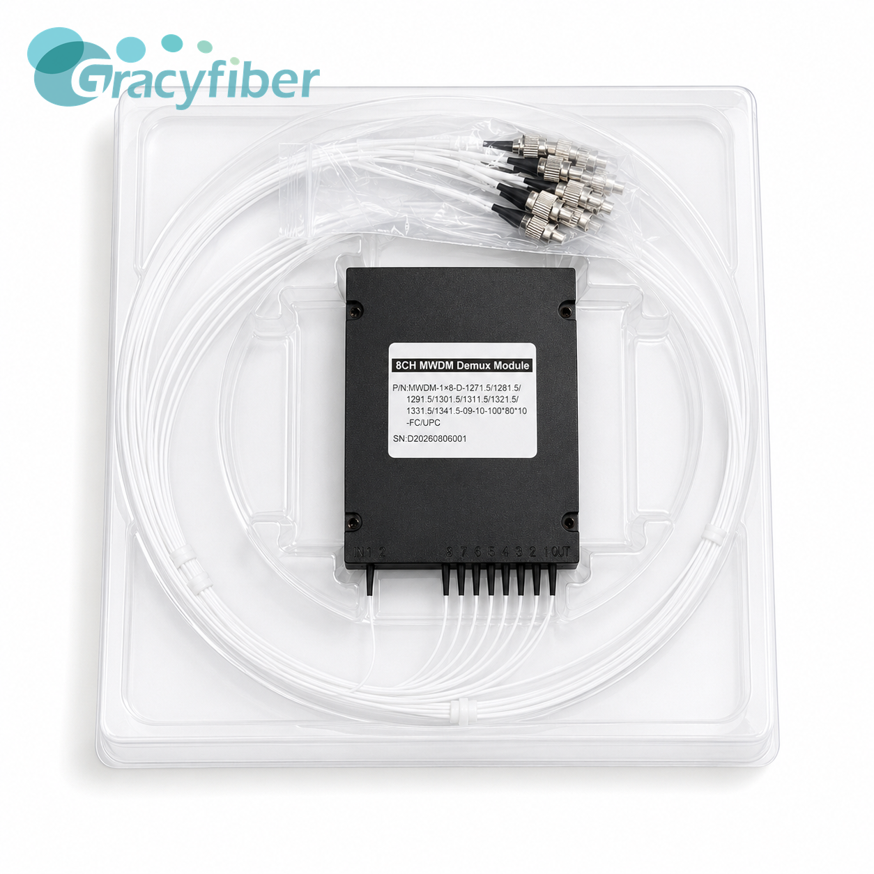 8CH MWDM Demux Module 1271.5–1341.5nm 10nm Spacing Low Insertion Loss FC UPC 100×80×10mm ABS Box，gracyfiber