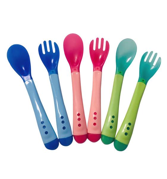Baby Silicon Spoon Safety Baby Sensing Plastic Flatware Feeding Spoons and Fork for Kids