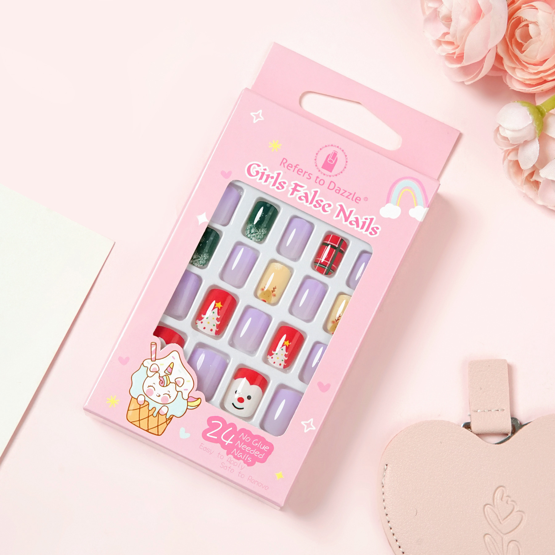 24pcs Cute Cartoon Self Adhesive False Nails Kids Press On Nails ABS Short