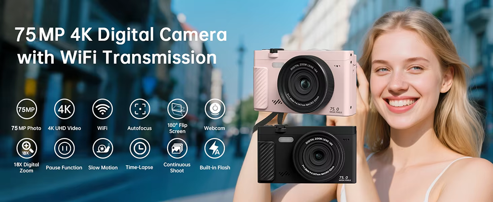 3 Inch Ultra HD 4K 75MP Mirrorless Camera 18X Zoom 31 Beauty Filters For Live Streaming