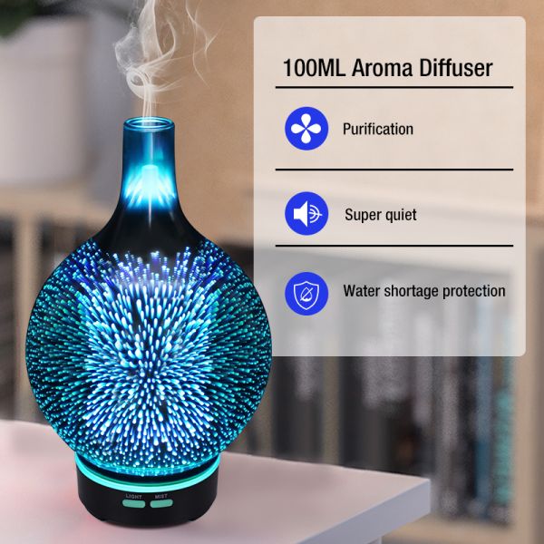 3D Glass Bottle Firework Night Light LED Ultrasonic Aromatherapy Essential Oil Diffuser for Household Aroma Humidifier