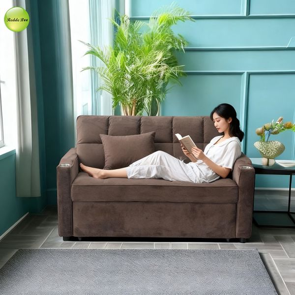 Elegant Velvet Fabric Sofa Bed with USB Charger & Cup Holder 2 Seater Living Room Sofa Convertible Sleeping Pull Out Sofa Bed