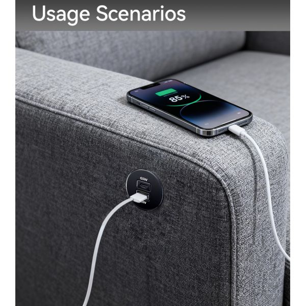 65W Dual Recessed USB Charger Port Aluminum Alloy Housing For Sofa Furniture Integration