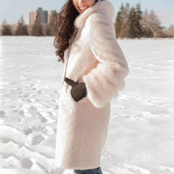 Cream Blush Sheepskin Faux Fur Fluffy Coat with Faux Fox Fur Trim