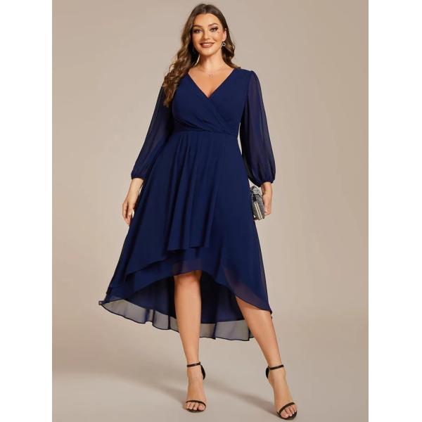 Elegant Empire Long Sleeve V-neck High Low A-line Ruffled Midi Navy Blue Chiffon Wedding Guest Evening Dress