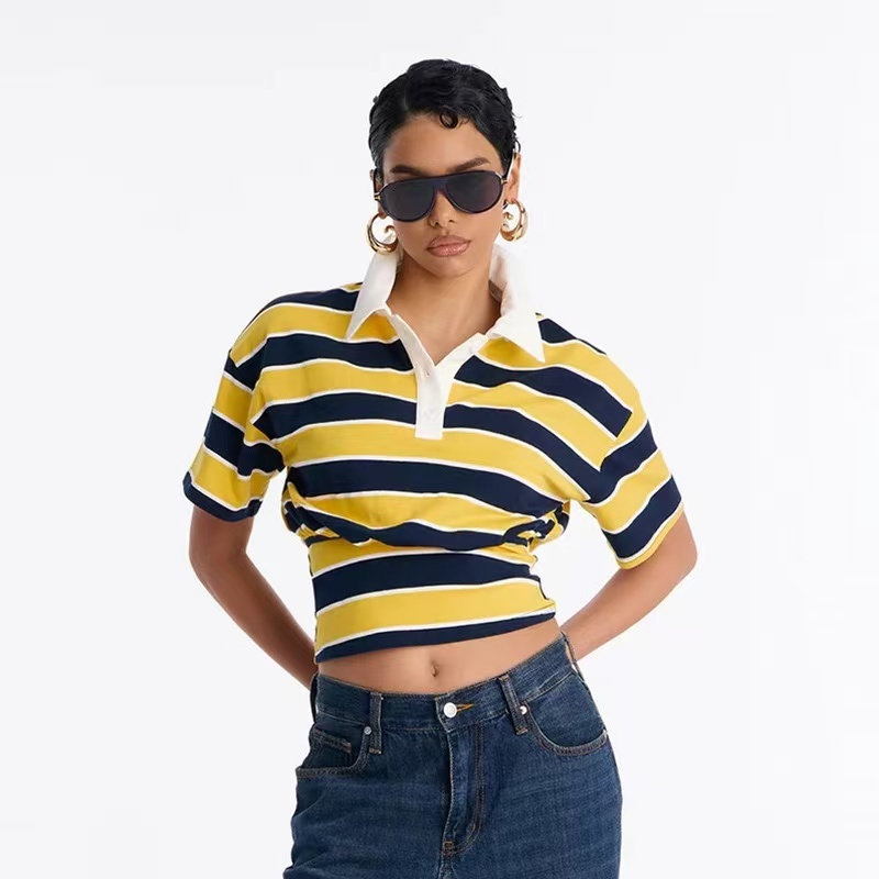 Women's Striped Polo Crop Top with Soft Cotton Fabric and Cropped Length