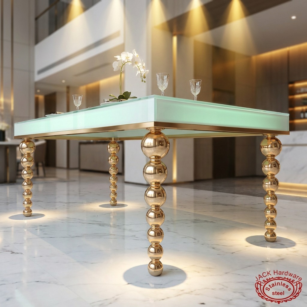 WENDING Gold Ball-Bead Column Leg Mint Glass Dining Table – Luxury Wedding Banquet Table