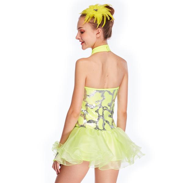 Neon Yellow Fully Sequins Halter Neck Jazz Tap Dance Dress Competition Costumes Sparkly Performance Wear