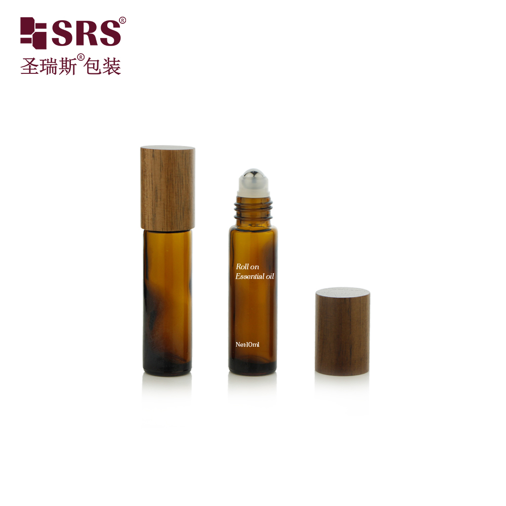 BLPM-10ML Amber Frosted Glass Roller Steel Ball Essential Oil Bottle With Wooden Cap