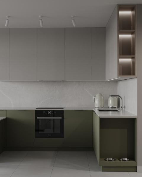 L Shaped White And Green Kitchen Cabinets Modern PET Kitchen System Tailored