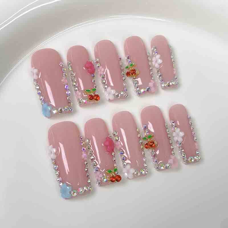 Handmade Press On Nails Wholesale 3D Cherry Floral Pink Rhinestone Edge
