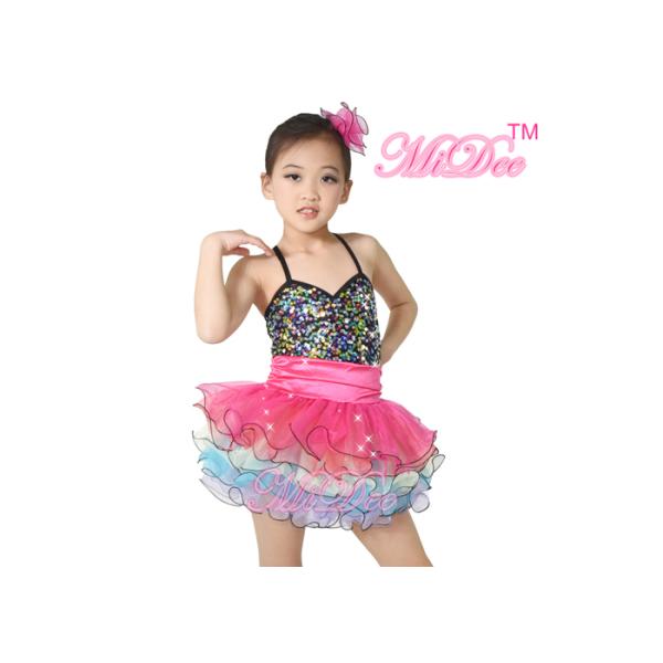 Multicolor Girls Ballet Costume Camisole Sequin Top With Rainbow Tulle Skirt