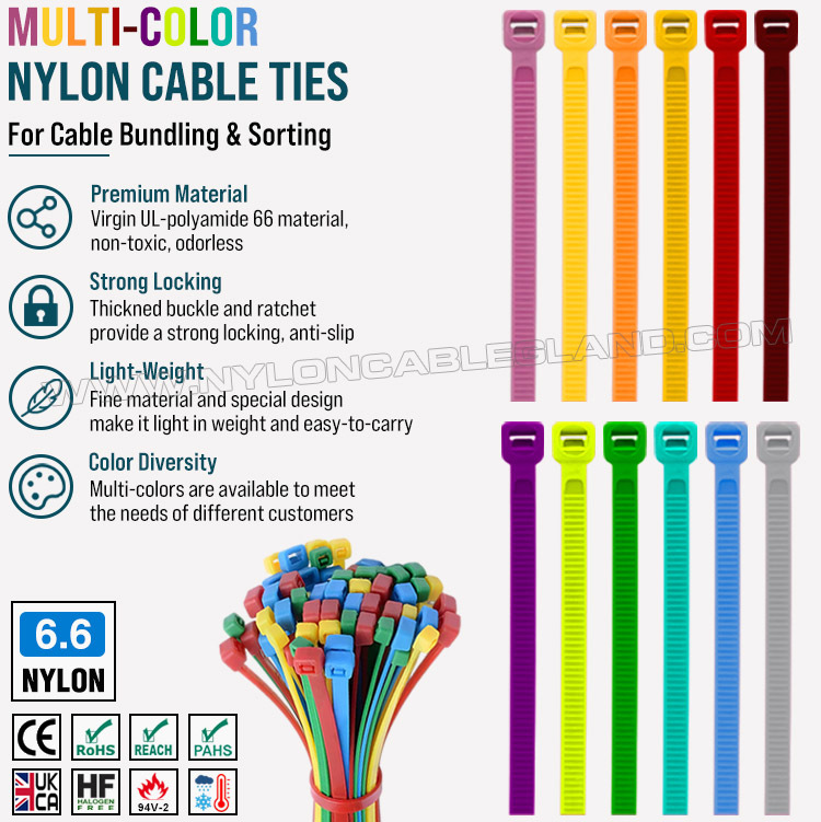 OEM manufacturer of colored cable ties & cable management solutions Colored Cable Tie 200mm x 4.8, 3~50mm Adjustable Nylon 66 Multicolor Zip Tie (222N / 50LBS) for Cable Visual Management