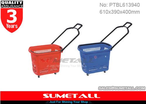 Red / Blue 45 Litres Rolling Plastic Shopping Basket With Wheels For Supermarket
