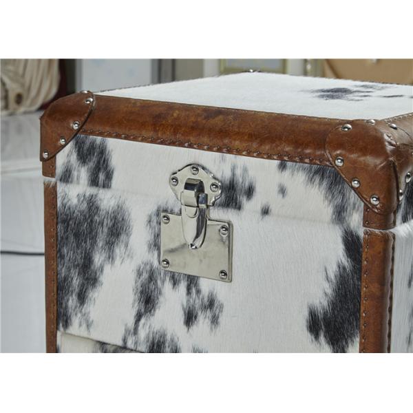 Vintage Style Leather Storage Trunk Cow Leather Fur Material 1 Drawer Top Genuine Handle