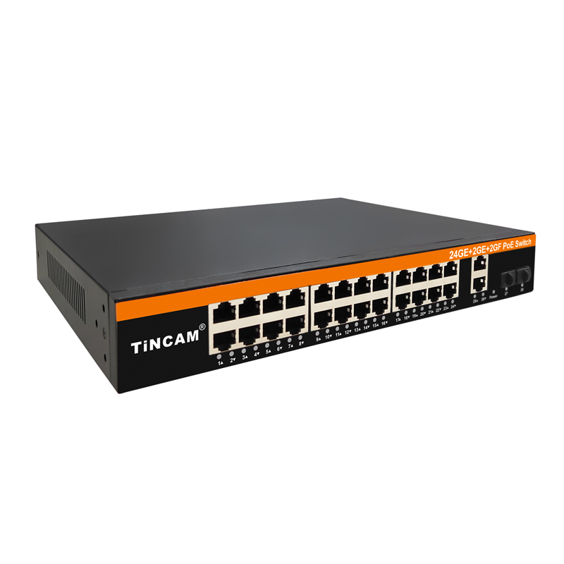 24 Port Gigabit PoE Switch 28-Port Ethernet Switch with 24 PoE+ Ports 2 Gigabit RJ45 Uplink 2 Gigabit SFP Slots IEEE 802.3af/at 200W or 300W Rackmount TBC-PS5124N-4PF