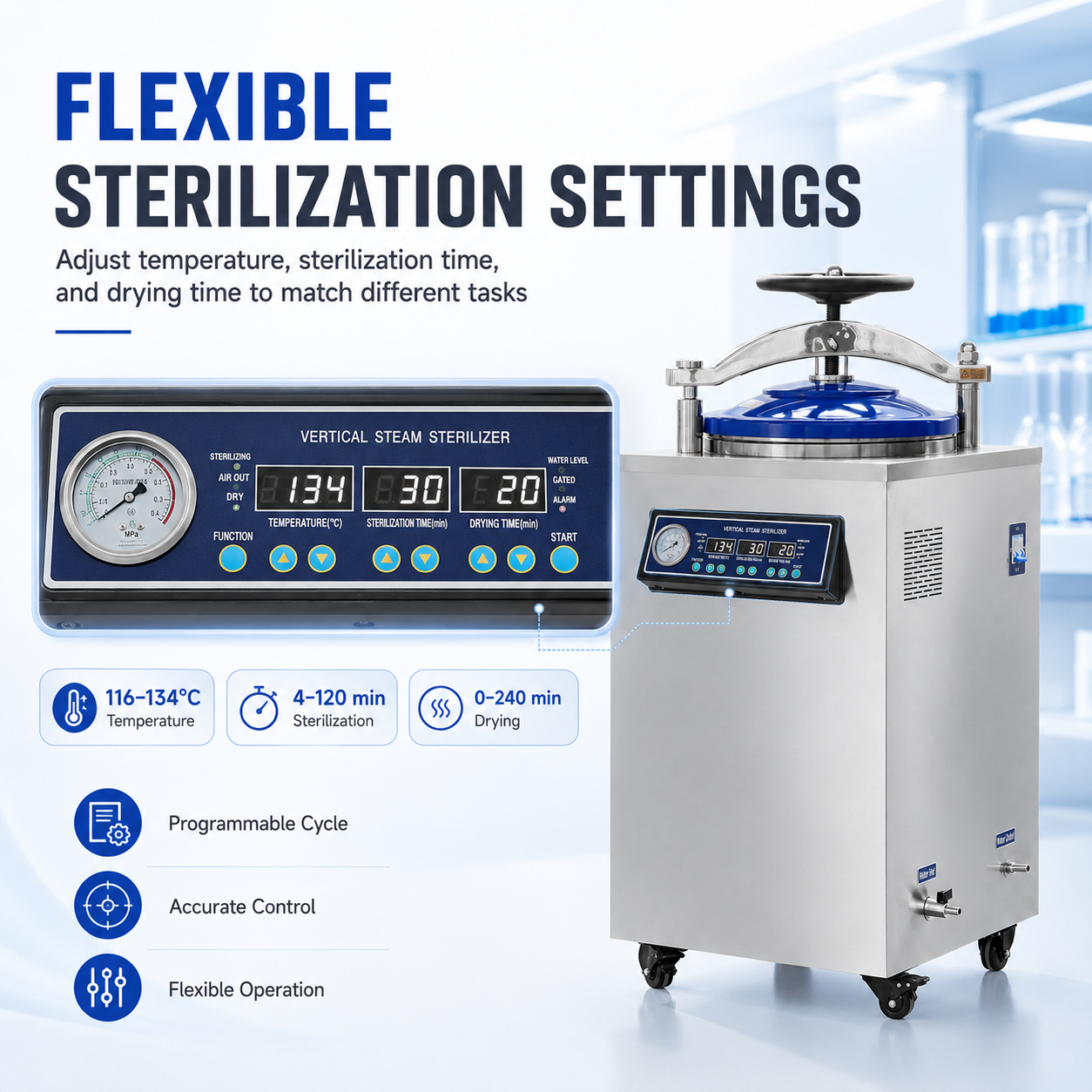 Cenlee 35/50/75/100L Factory Laboratory Use Microcomputer Control 0-240min Drying Automatic Protection Vertical Steam Sterilizer