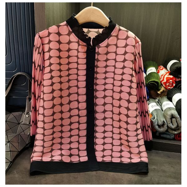 Women's Chic Printed Pleated Chiffon Top Beautiful Lace Stand-Up Collar Three-Quarter Sleeve Loose Casual Outerwear for