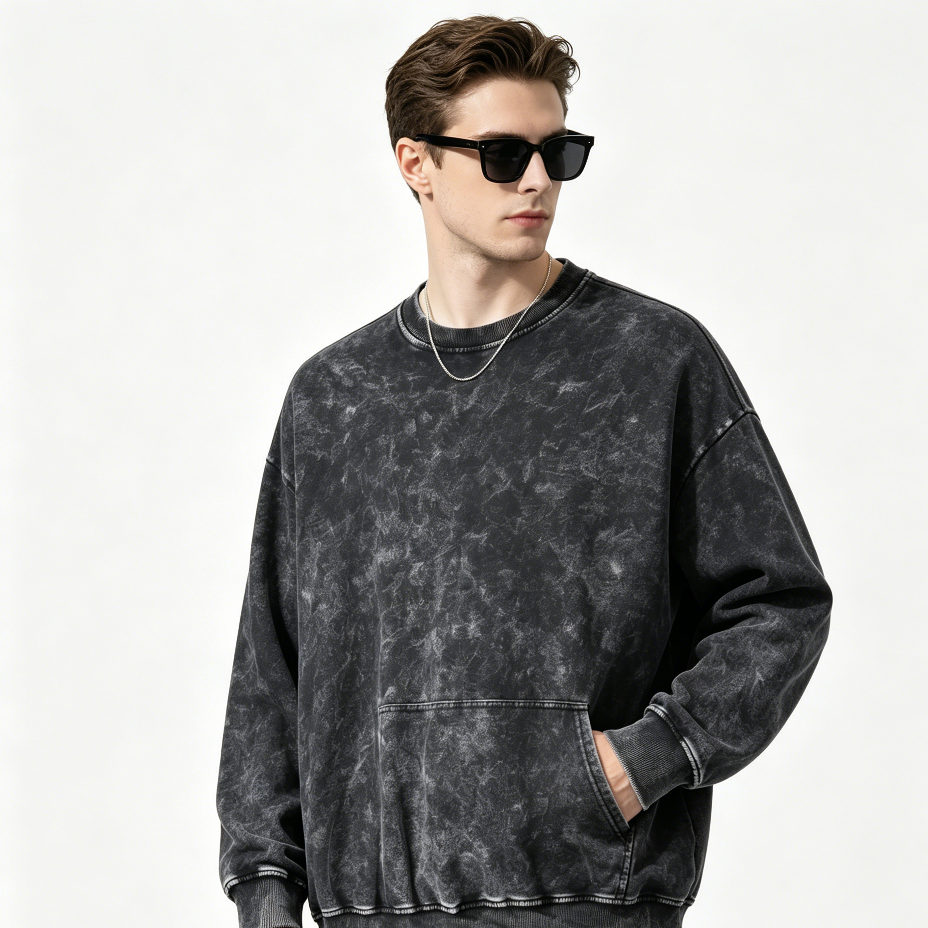 360g Heavy Snow Washed Hoodie Crew Neck Men Oversized Sweatshirt Vintage