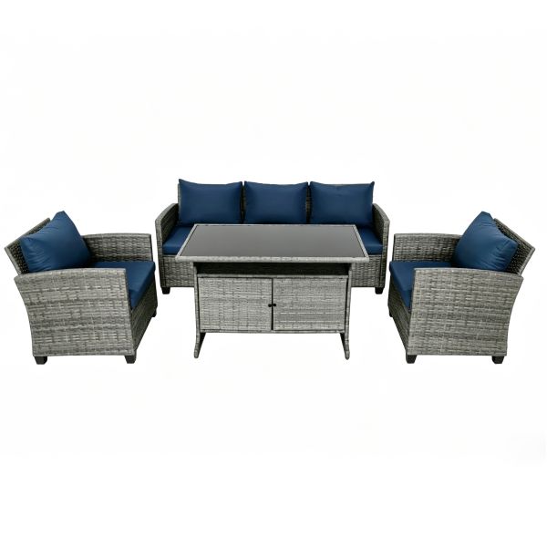 All Weather 4 Pieces Patio Furniture Set Garden Backyard Functional  Storage Dining Table Outdoor Wicker Conversation Set