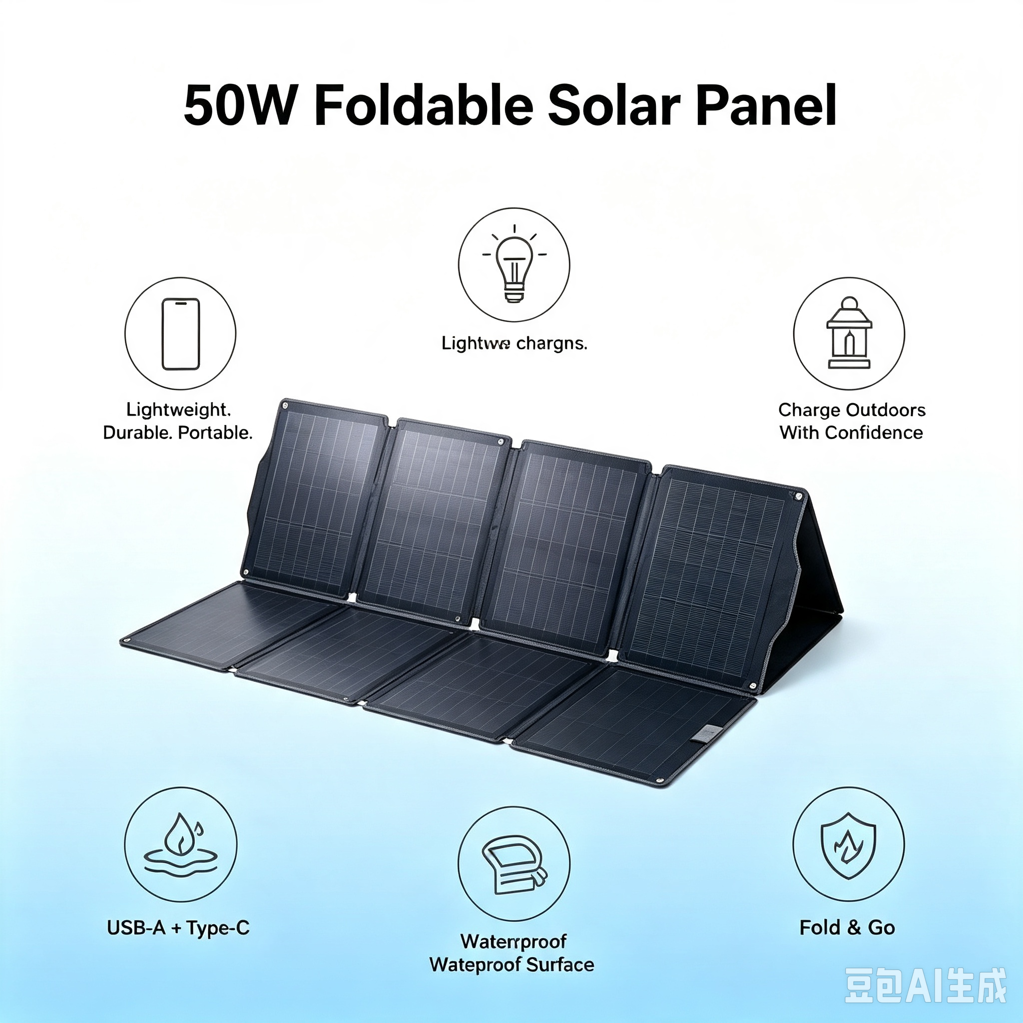 50 W ETFE Foldable Solar Panel, Water‑Resistant Portable Solar Charger for Beach Camping