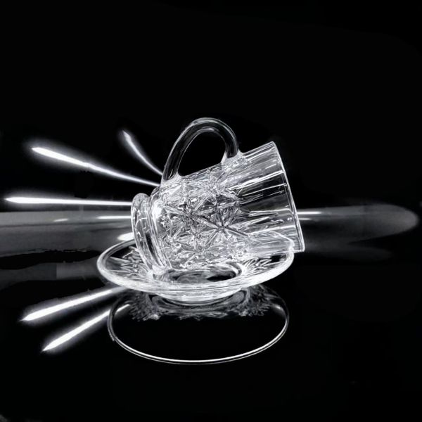 Star Diamond Cut Recyclable Glass Cup & Saucer Set 6 Matching Tea Mugs with Saucers