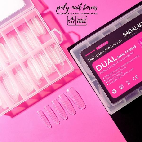 Dual Forms Poly Nail Gel Molds Full Cover Coffin Nail Tips Extension Form 12 Sizes for Gel Manicure Art Design Salon DIY