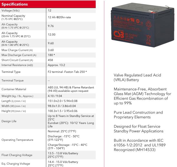 Batterie CSB GPL12120 12V 12Ah Batterie plomb-acide scellée pour une longue durée de vie et des applications UPS