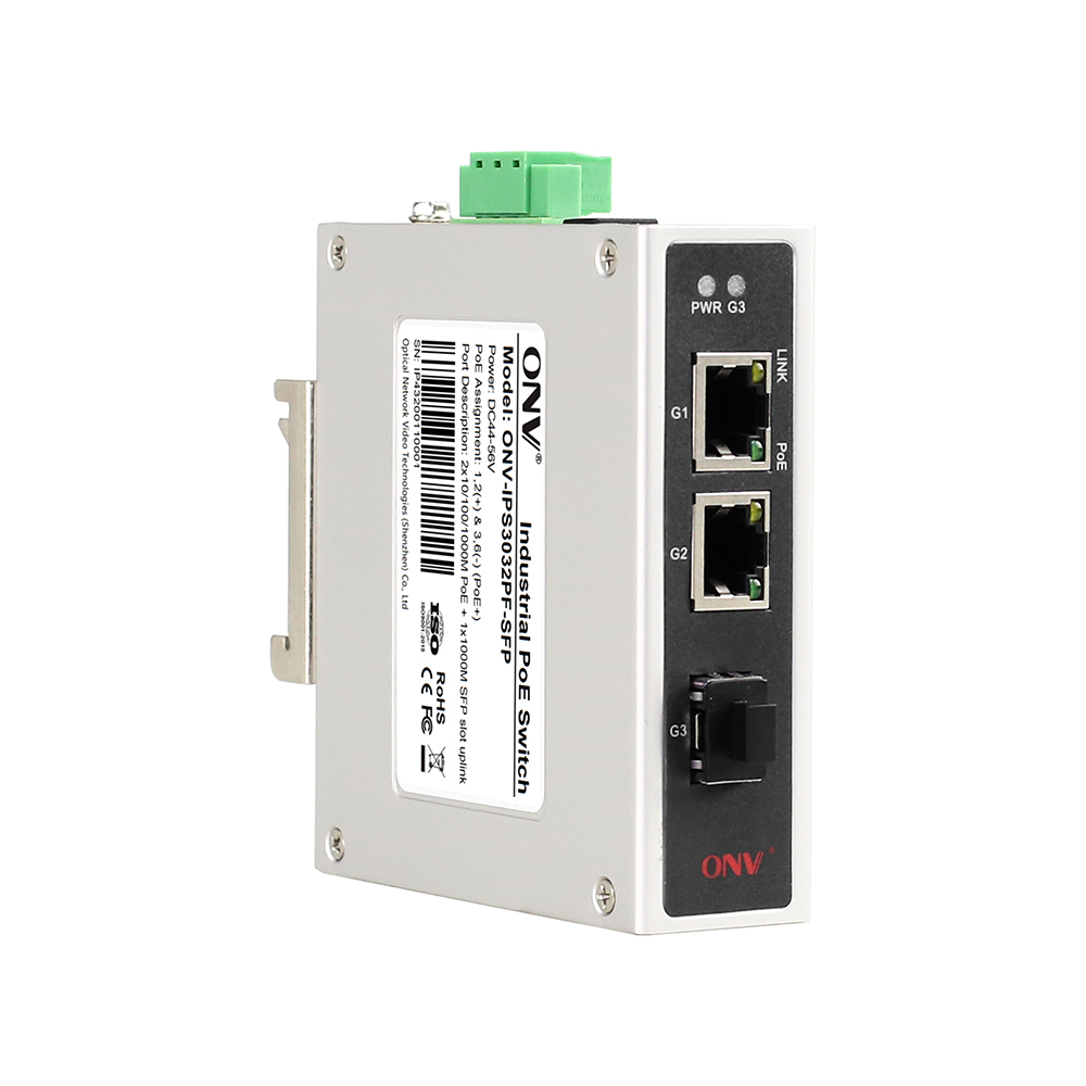3-Port Gigabit Industrial PoE Switch with 30W PoE Power SFP Fiber Port and DIN Rail Mountable