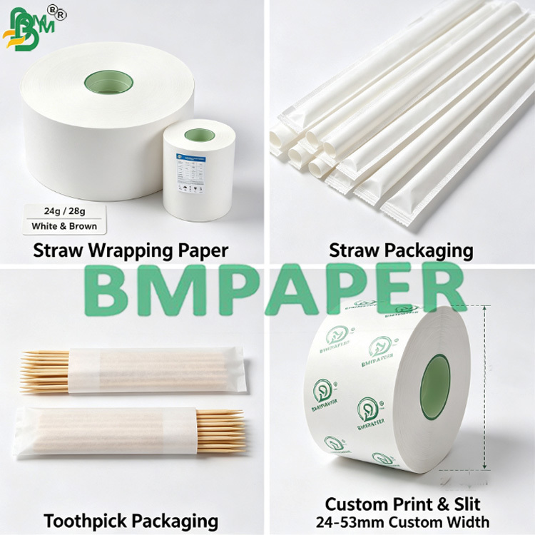 24gsm 28gsm White Straw Wrapping Paper Small Roll Custom Logo Printing For Straw Wrapping Machine