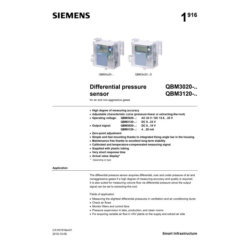 SIEMENS QBM3020-1 Differential Pressure Sensor with Plastic Material and 18 Months Warranty for Industrial Automation