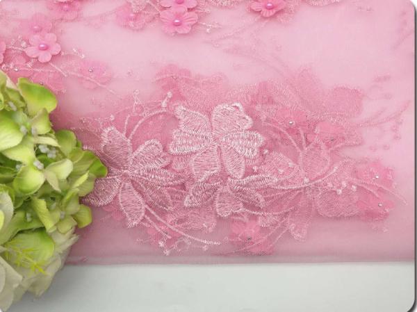 Polyester 3D flower embroidered Lace fabric with bead  for women garments