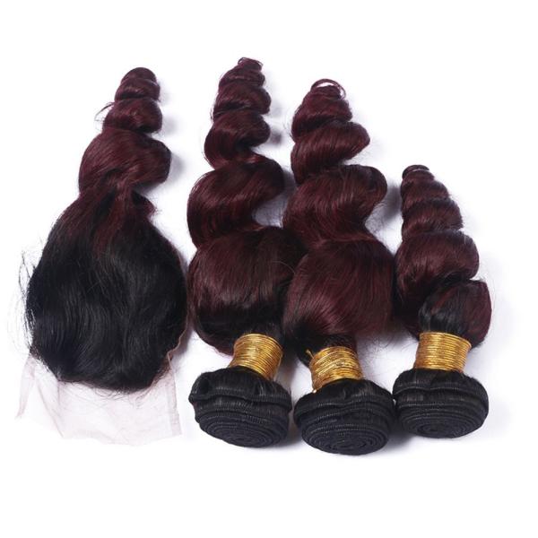 Loose Wave 1B/99J Human Hair Brazilian Loose Wave Hair 3 Bundle with Closure Colorful Hair Bundles With Closure Deal