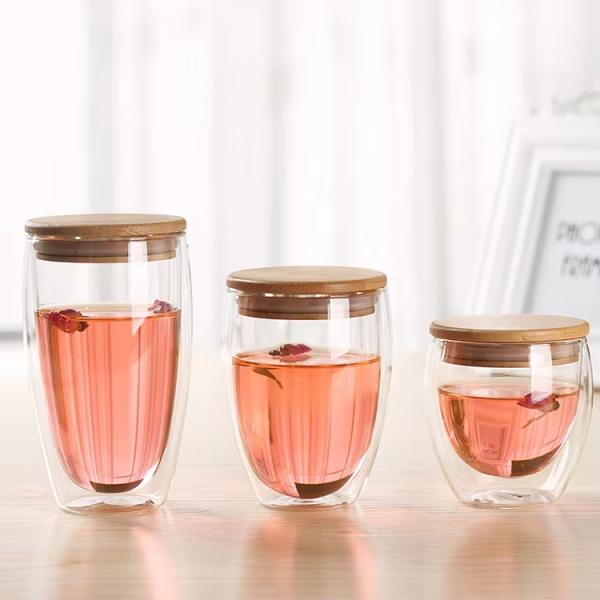 250ml 350ml 450ml Double Wall Glass Mug With Bamboo Lid High Borosilicate Glass Cup