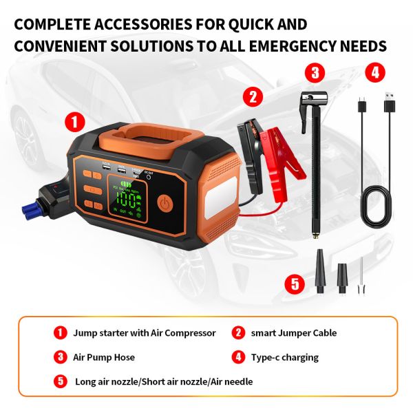 Vehicle Battery Jump Starter Power Bank With Air Compressor 10000mAh 12000mAh 16000mAh Emergency Battery Pack
