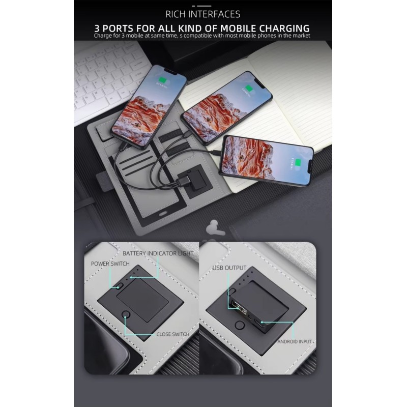 OEM A5 Microfiber PU Power Bank Notebook Wireless Charging 16GB USB