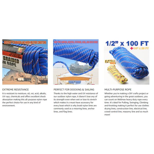 Diamond Braided Nylon Rope 32 Strands 1/2in 100FT UV Resistant