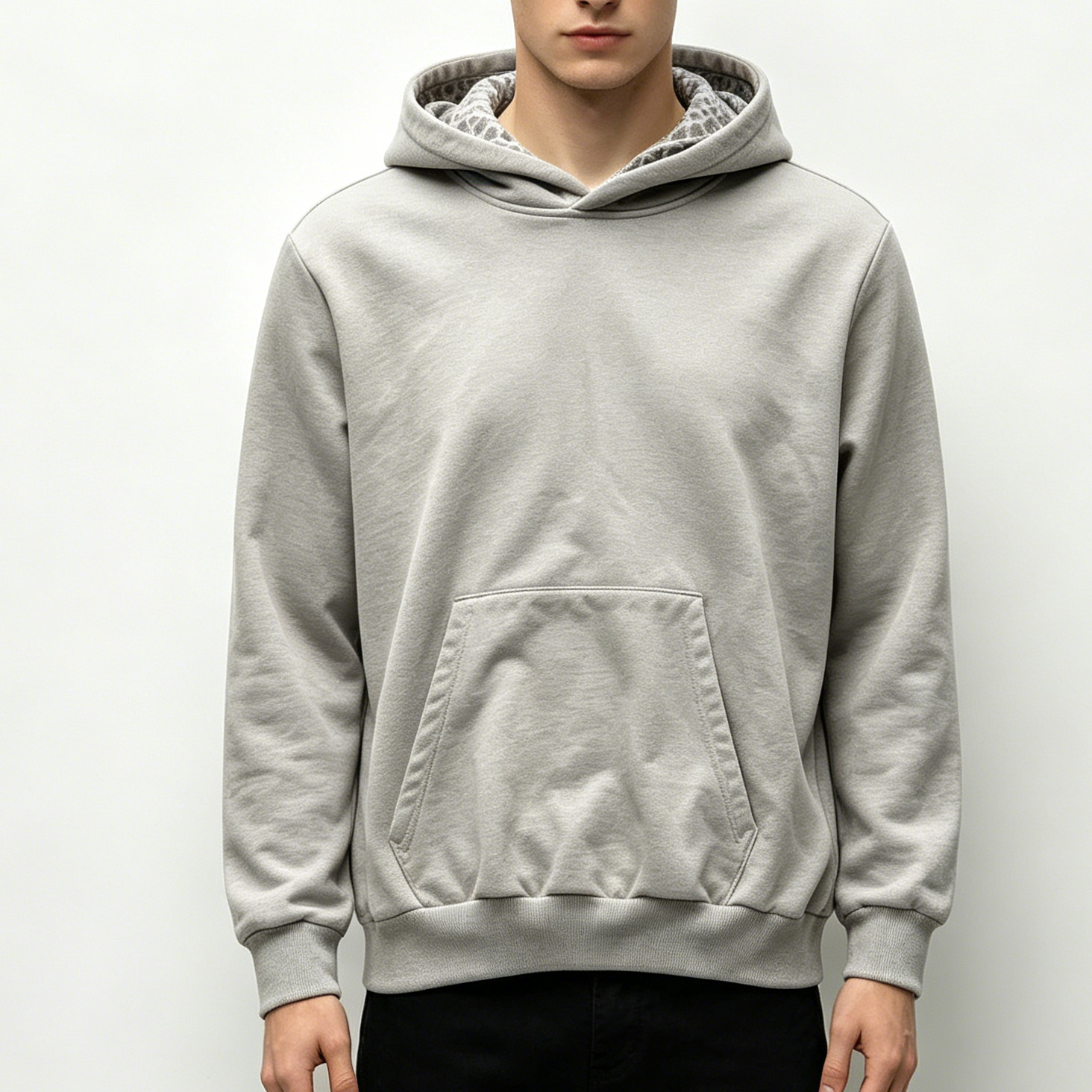 Light Gray Stone Wash Hoodies Heavyweight Drop Shoulder Pullover Light Gray With Leopard Print Lined Hood
