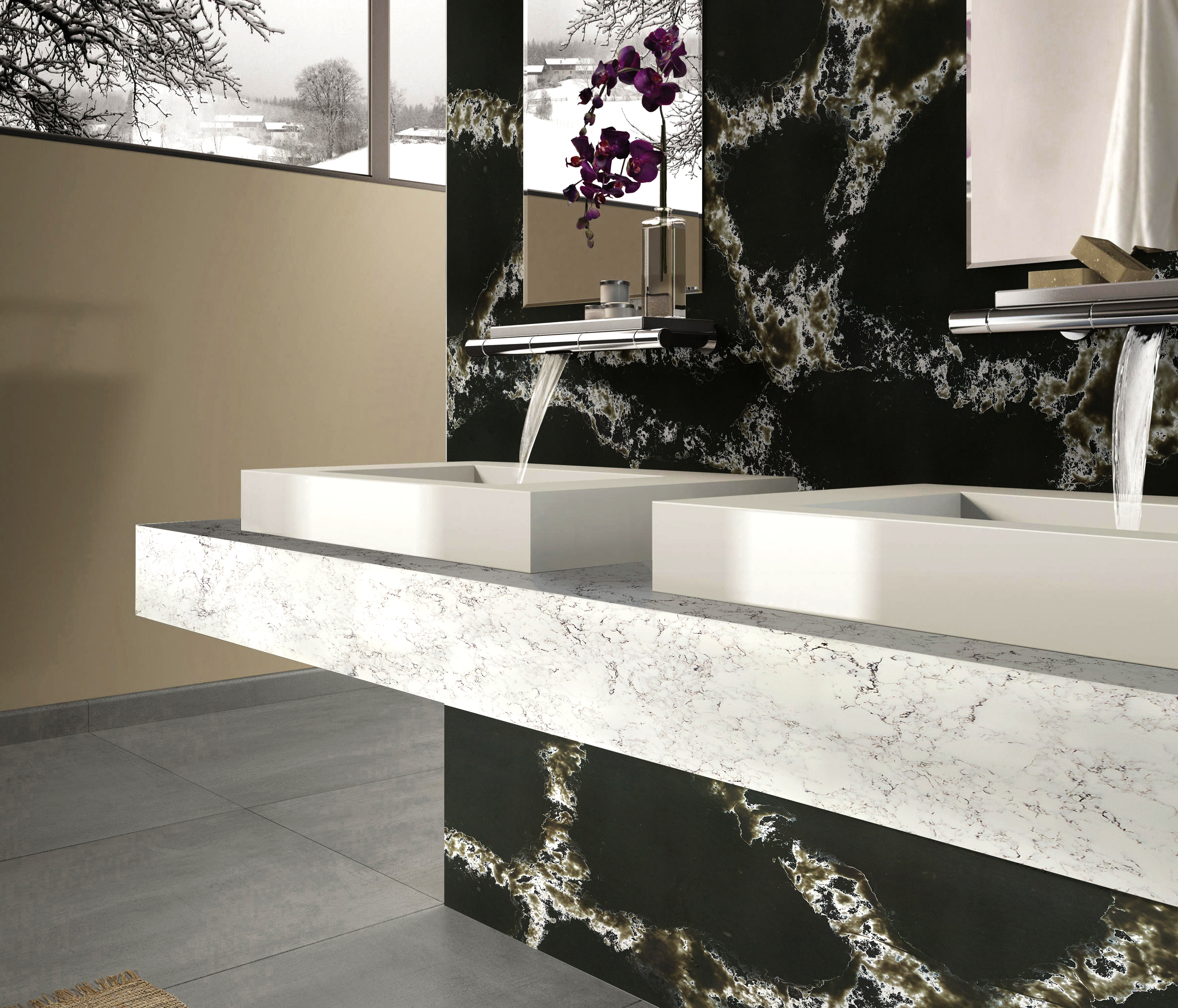 Черный Countertop кухни кварца Calacata искусственный с когерентный смотреть мрамора картины