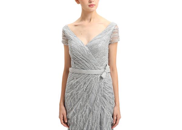 Deep V Neck Bridal Bridesmaid Dresses , Grey Color Ladies Evening Dress With Sash