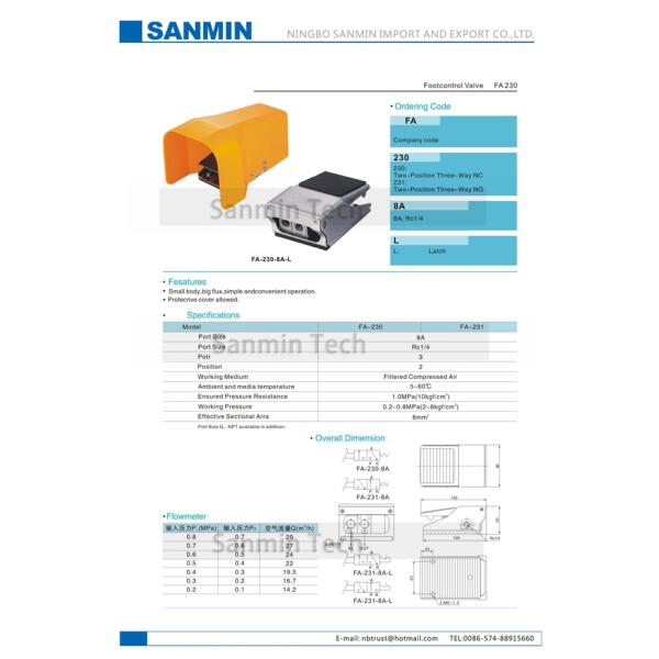 Открытое пневматического клапана с педальным управлением ФА230/231-8АЛ двух позиционное трехстороннее нормально/закрыло