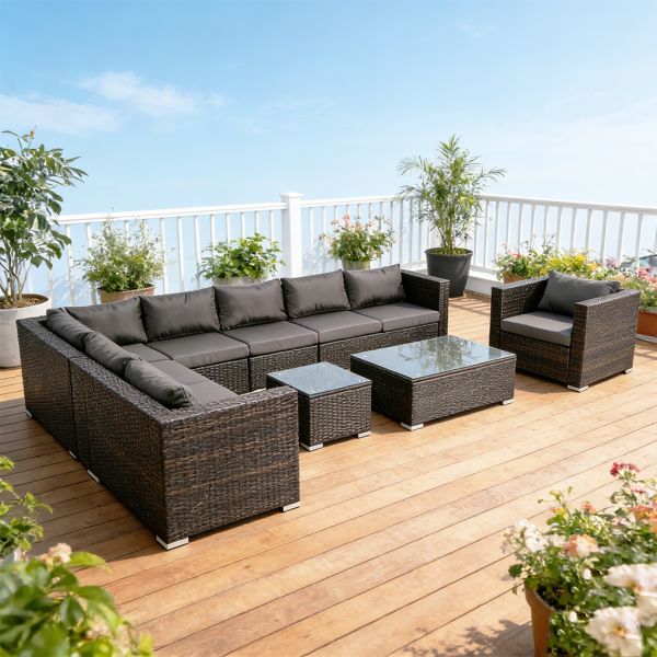 8 Pieces Set All-Weather PE Rattan Sectional Sofa Set Outdoor L-Shaped Wicker Conversation Set with Coffee Table