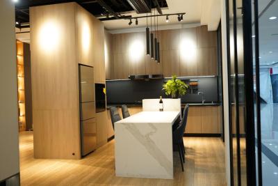 Modern Kitchen Melamine Cabinet Fitted Kitchen System With Island Dinning Table