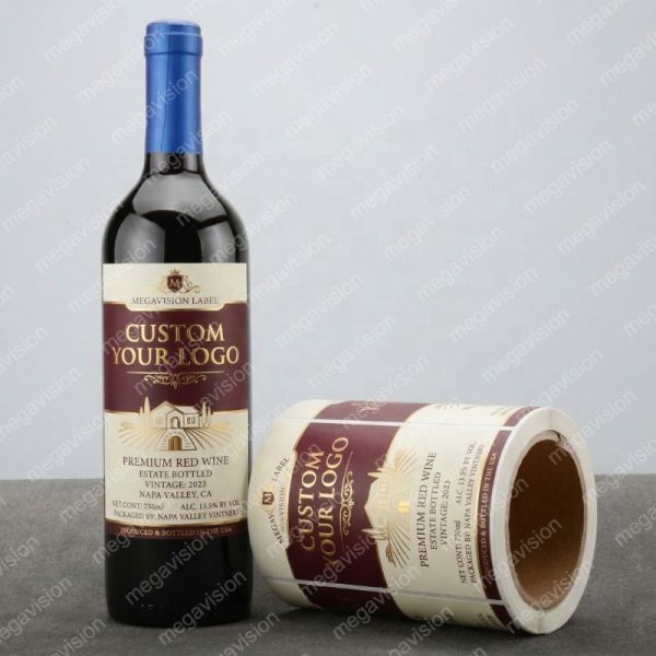 Custom Printing Private Gold Stamping Embossing Paper Adhesive Packaging Label Sticker for Wine Liquor Brandy Glass Bottles