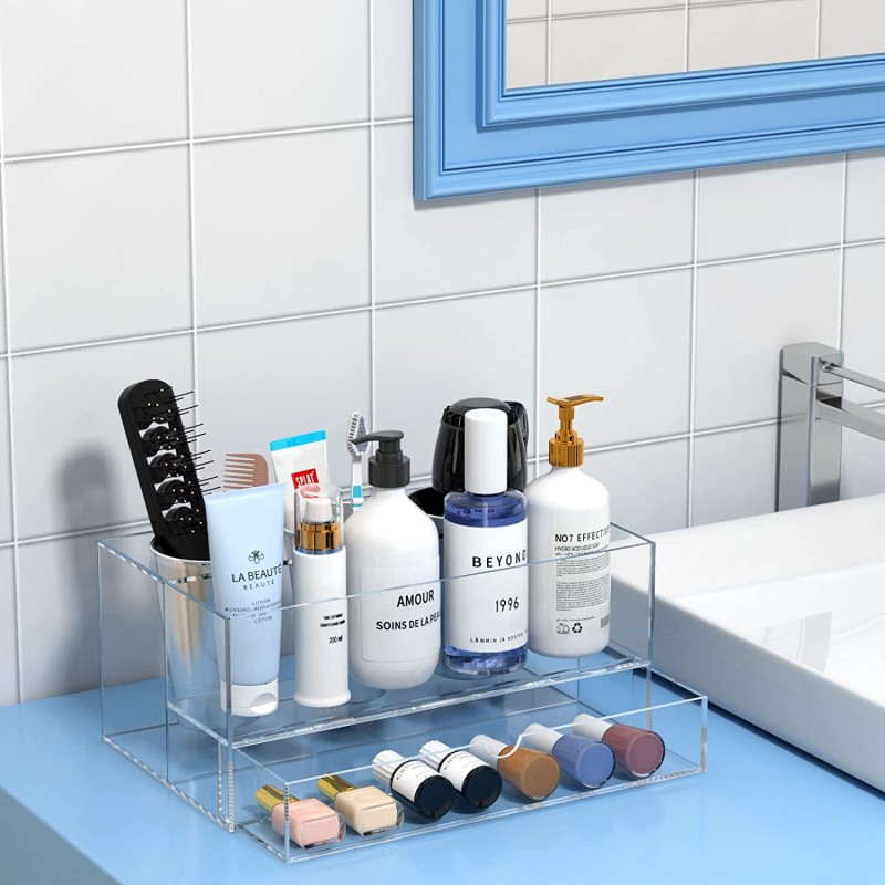 Clear Black White Acrylic Hair Dryer Storage Box Bathroom Countertop Toiletries Shelf Dressing Table