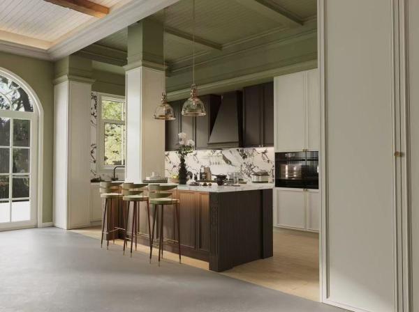 Fadior French Duotone Elegance: White & Black Stainless Steel Kitchen with Softwood Accents