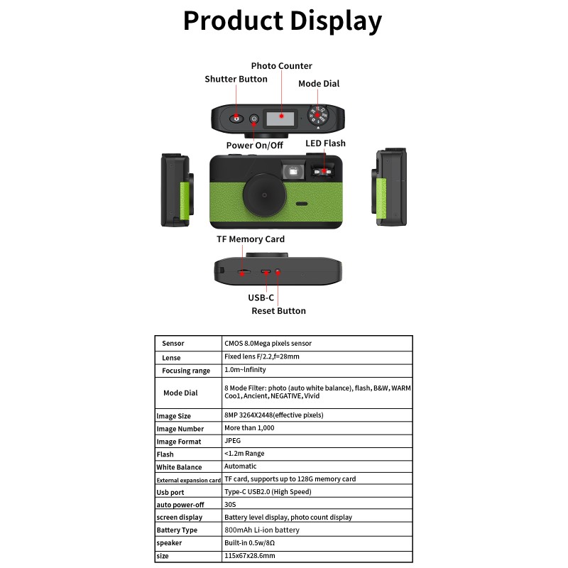 Retro Screenless Digital Camera Screen-free 8 Mode Filters Without Screen 8MP Photo with Photo Counter LED Flash Camping Camera