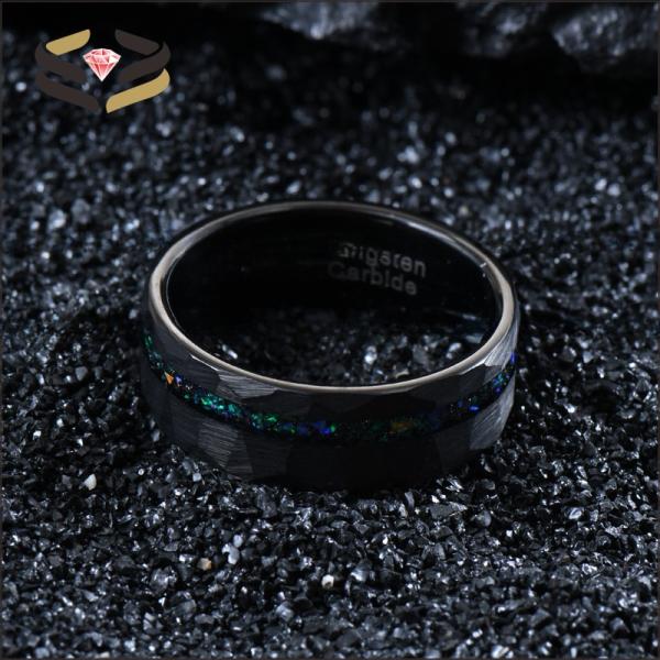 Anneaux de mariage en tungstène noir facetté pour hommes 8 mm avec incrustation de type perle et incrustation d'opale Galaxy