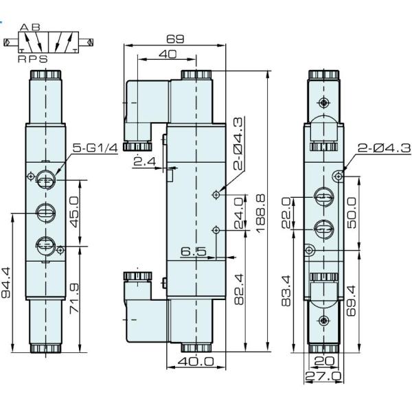 клапан двойного соленоида соединителя DIN пути 4V320-08 1/4